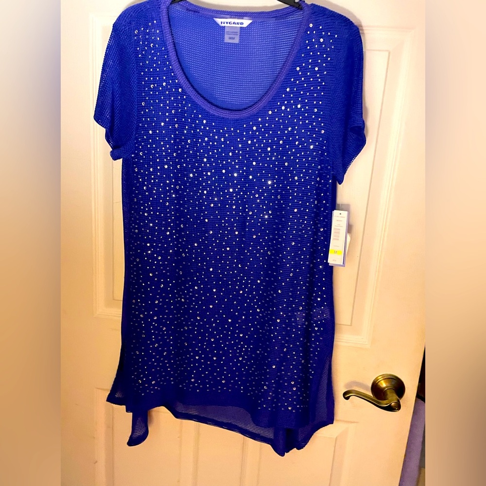 Peter Nygard Blue Graphic Asymmetrical Short Sleeve Top